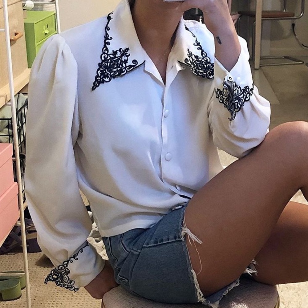 Vintage white blouse with black lace detail